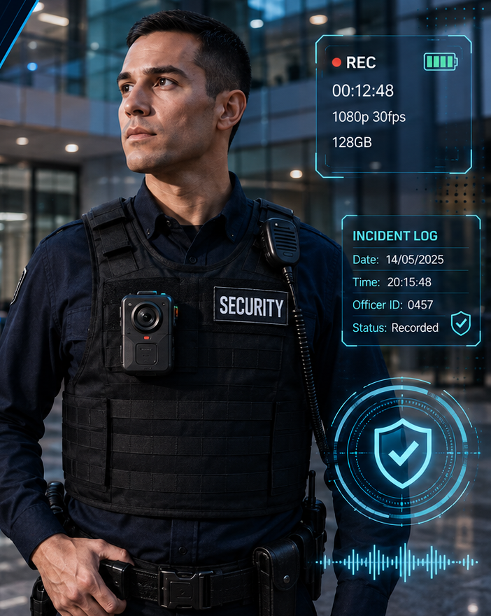 Security officer equipped with a body worn camera