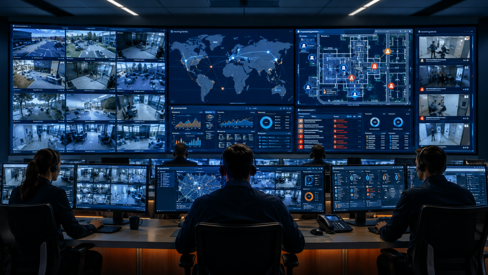 Central security command centre with multiple monitoring screens